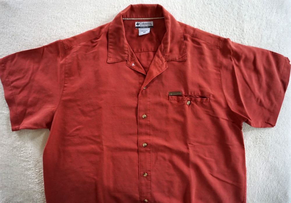 Vintage Columbia Vermillion Red Camp Collar Short Sleeve Safari Shirt Mens XL